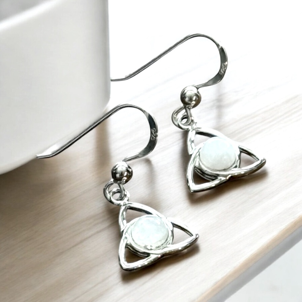 925 Sterling Silver Celtic Dangle Earrings with Moonstone! NEW!